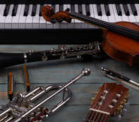 musical instruments in wooden background